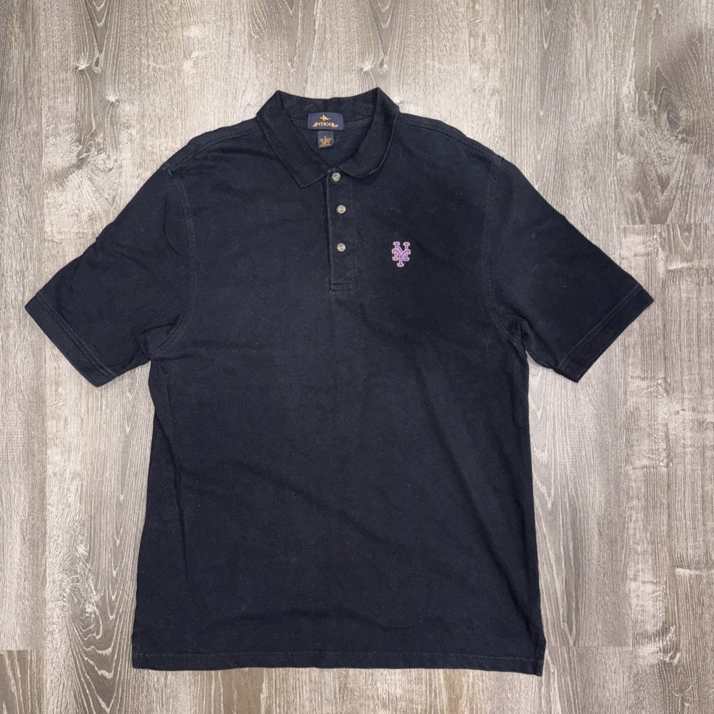 VTG Antigua New York Mets Polo Shirt Mens Large Black Short Sleeve Polo MLB